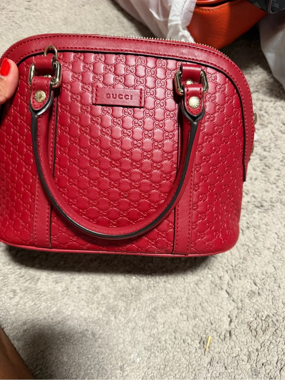 Gucci Red GG-Embossed Dome Satchel with Gold Hardware
